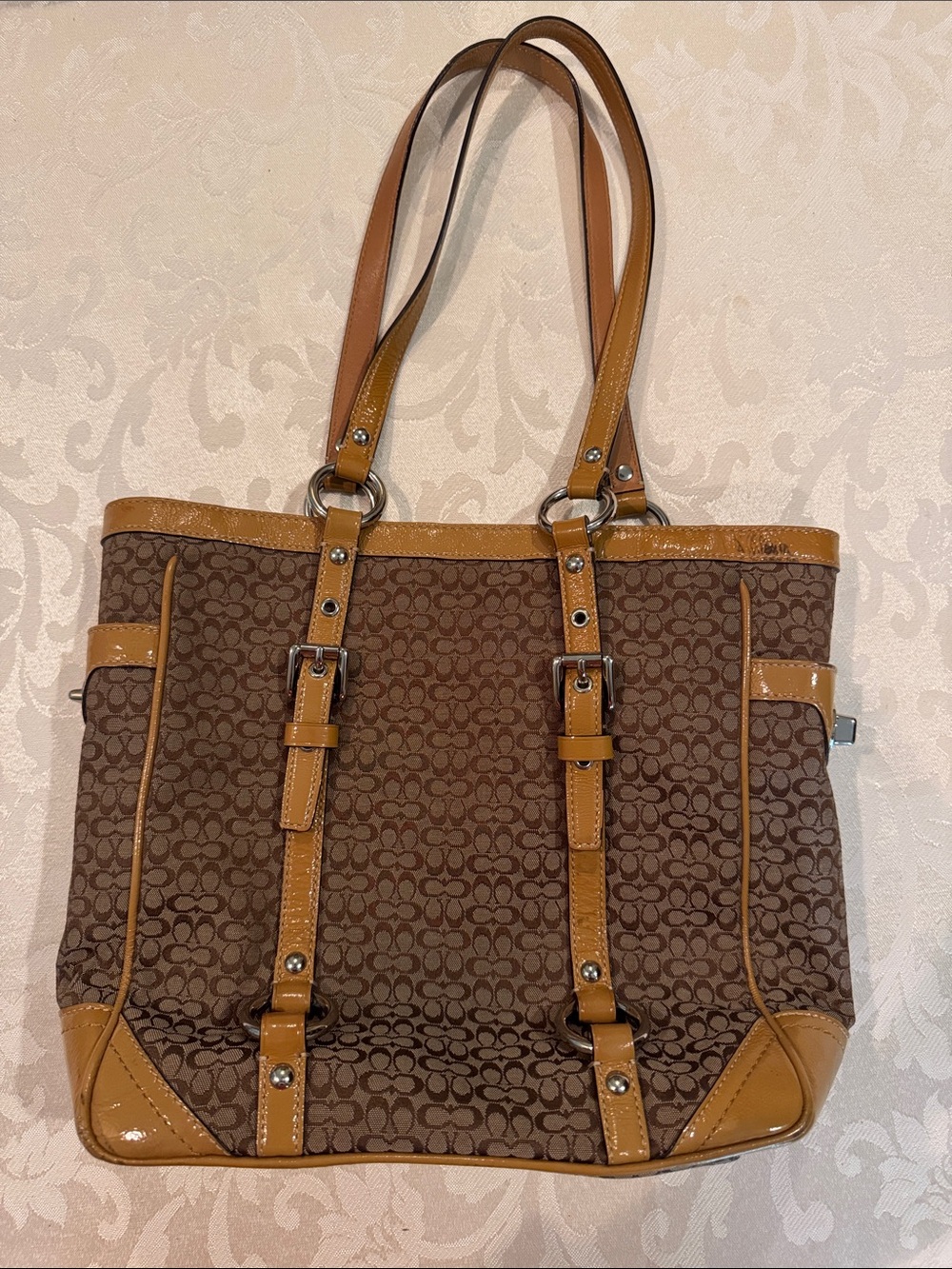 Coach Brown Signature Canvas Tote with Tan Patent Trim